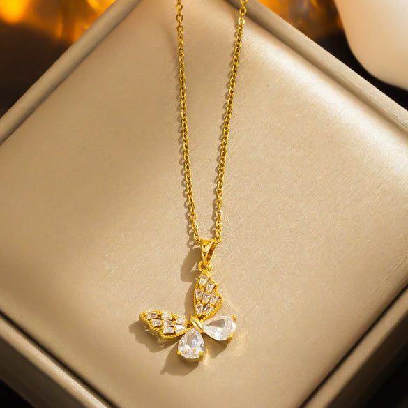 Wholesale Women's Simple Butterfly Design Titanium Steel Cross Set Zircon Necklace With Electroplating Process And Geometric Styling
