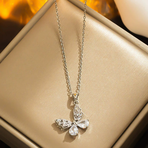 Wholesale Women's Simple Butterfly Design Titanium Steel Cross Set Zircon Necklace With Electroplating Process And Geometric Styling