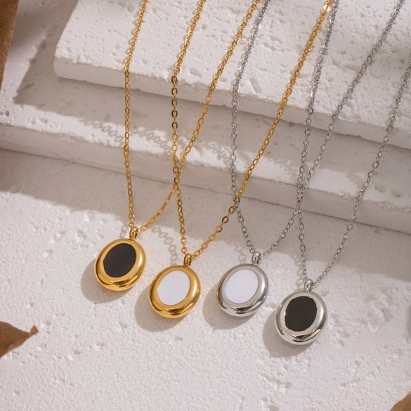 Wholesale Women's Simple Classic Geometric Black Gold Oil Drop Round Stainless Steel Necklace With O Word Chain Pvd Furnace Vacuum Real Gold Plating