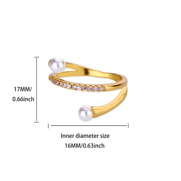 Wholesale Women's Simple Compact Pearl Open Ring Copper Zircon Gold Plated