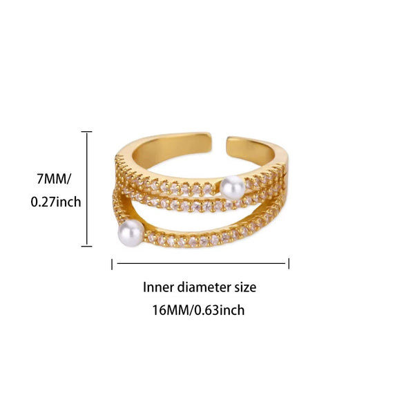 Wholesale Women's Simple Compact Pearl Open Ring Copper Zircon Gold Plated