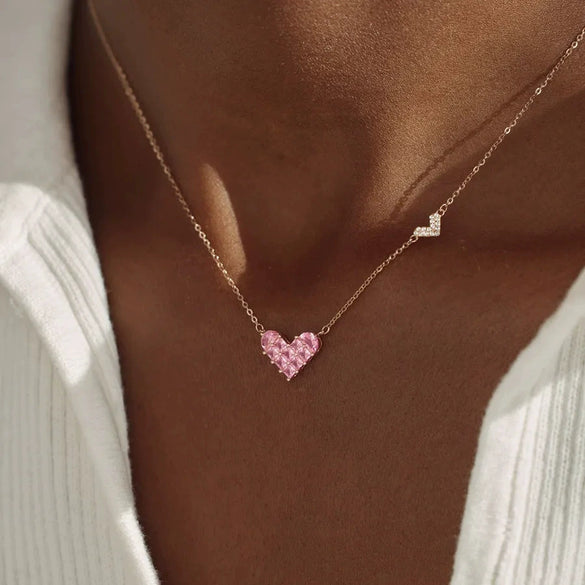 Wholesale Women's Simple Copper Necklace With Heart Shape Pendant Set With Diamonds And Mixed Gemstone Setting And O Word Chain