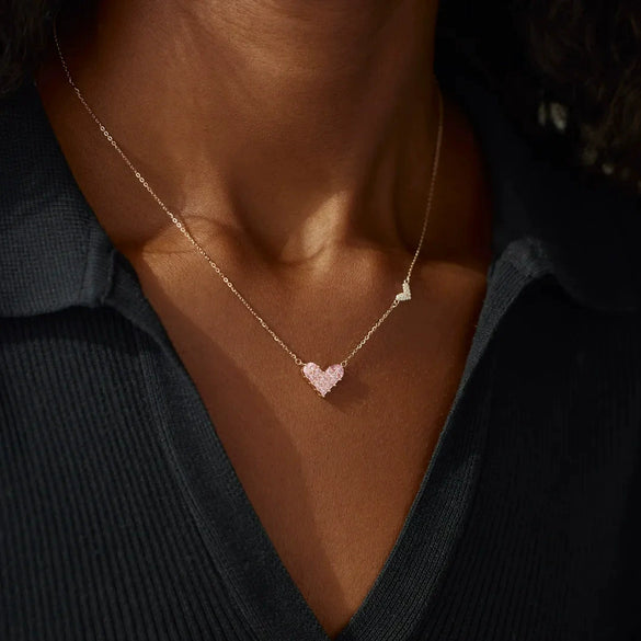 Wholesale Women's Simple Copper Necklace With Heart Shape Pendant Set With Diamonds And Mixed Gemstone Setting And O Word Chain