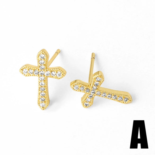 Wholesale Women's Simple Cross Copper 18K Gold Plated Earrings