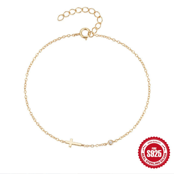 Wholesale Women's Simple Daily All Match Mini Cross Single Diamond S925 Sterling Silver Geometric Bracelet With Electroplating