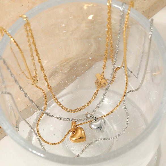 Wholesale Women's Simple Electroplated Stainless Steel And Titanium Steel Heart Shape Pendant O Word Chain Double Layer Stacked Necklace