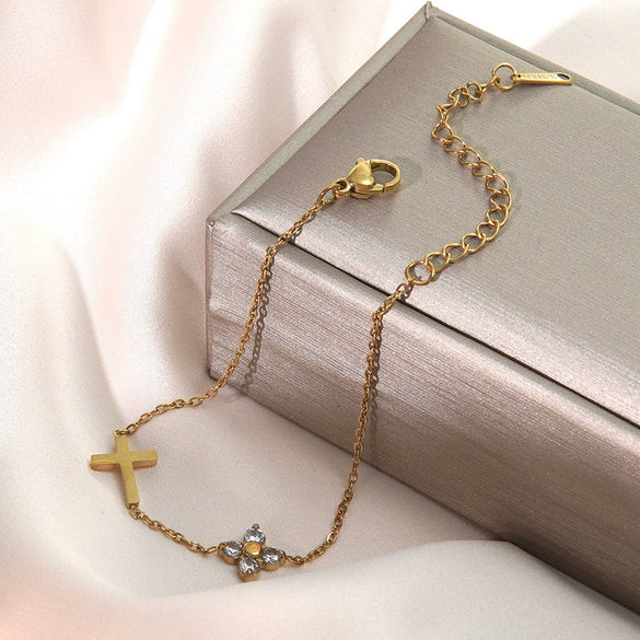 Wholesale Women's Simple Electroplated Stainless Steel Cross And Flower Zircon Bracelet Jewelry