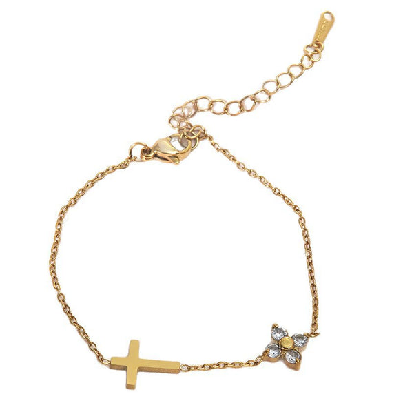 Wholesale Women's Simple Electroplated Stainless Steel Cross And Flower Zircon Bracelet Jewelry