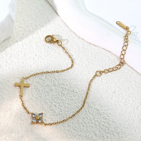 Wholesale Women's Simple Electroplated Stainless Steel Cross And Flower Zircon Bracelet Jewelry