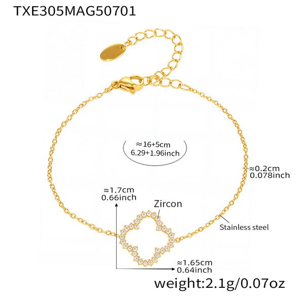 Wholesale Women's Simple Elegant Stainless Steel Cut Out Super Flash Zircon Fourleaf Flower Necklace Bracelet Set With Electroplating