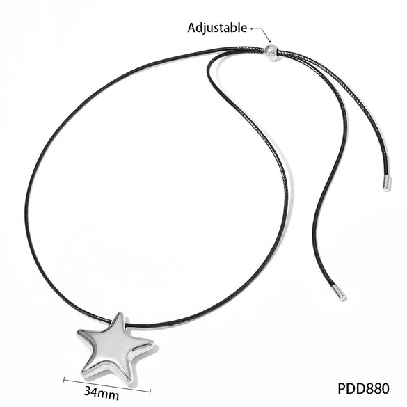 Wholesale Women's Simple Fashion Exaggerated Hollow Five Pointed Star And Heart Pendant Necklace With Wax Rope Chain Made Of Stainless Steel With Electroplating Treatment