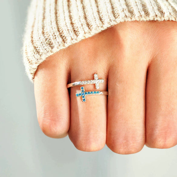 Wholesale Women's Simple Fashion Geometric Cross Opening Zircon 925 Sterling Silver Ring With Electroplating