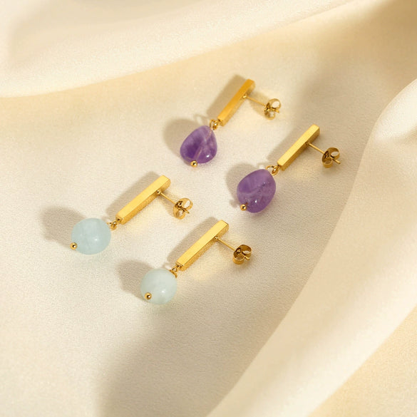 Wholesale Women's Simple Fashion Stainless Steel Earrings Inlaid With Natural Stone And Pvdp Furnace Real Gold In Geometric Design
