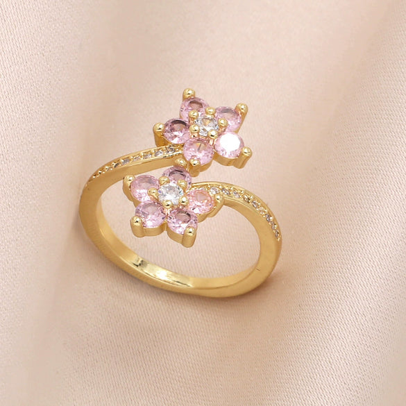 Wholesale Women's Simple Flower Pattern Copper Real Gold Plated Ring
