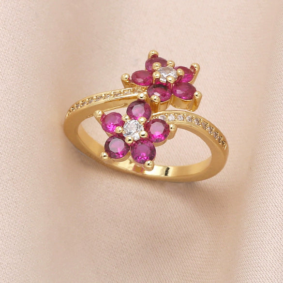 Wholesale Women's Simple Flower Pattern Copper Real Gold Plated Ring