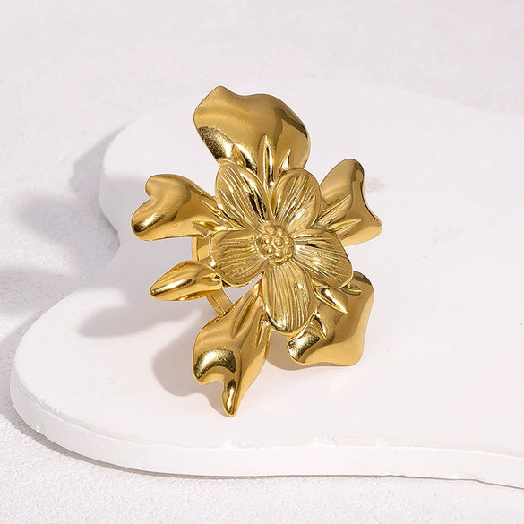 Wholesale Women's Simple Flower Pattern Goldplated Stainless Steel Open Rings Hand Jewelry