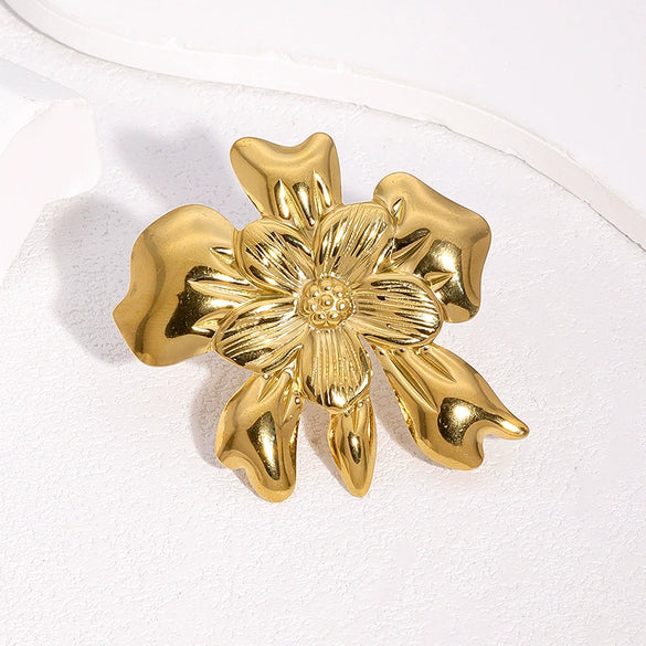 Wholesale Women's Simple Flower Pattern Goldplated Stainless Steel Open Rings Hand Jewelry