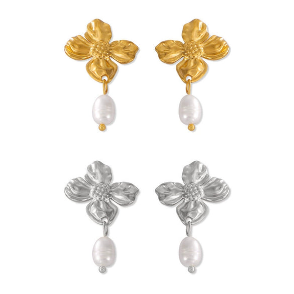 Wholesale Women's Simple Fresh Water Pearl Flower Titanium Steel Earrings With Electroplating Design