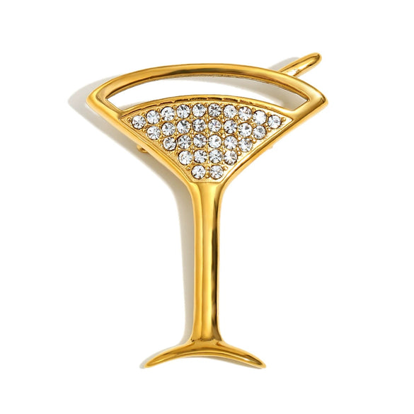 Wholesale Women's Simple Full Diamond Geometric Wine Glass Brooch Stainless Steel 18K Gold Plated