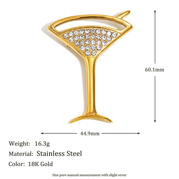 Wholesale Women's Simple Full Diamond Geometric Wine Glass Brooch Stainless Steel 18K Gold Plated