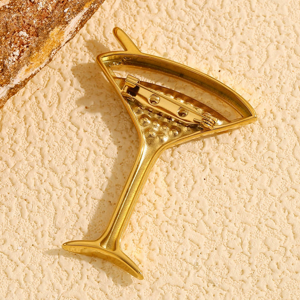 Wholesale Women's Simple Full Diamond Geometric Wine Glass Brooch Stainless Steel 18K Gold Plated