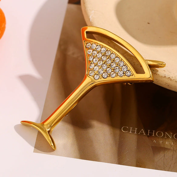 Wholesale Women's Simple Full Diamond Geometric Wine Glass Brooch Stainless Steel 18K Gold Plated