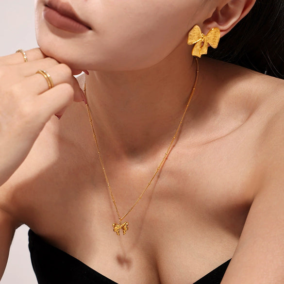 Wholesale Women's Simple Geometric Bow 316L Stainless Steel Electroplated Jewelry Earrings And Necklace