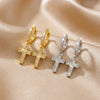 Wholesale Women's Simple Geometric Cross Copper Electroplated Earrings And Ear Clips With Water Drop Zircon Pendant