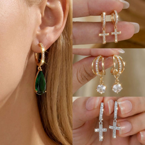 Wholesale Women's Simple Geometric Cross Copper Electroplated Earrings And Ear Clips With Water Drop Zircon Pendant