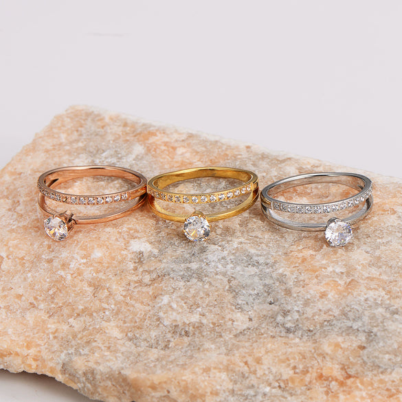 Wholesale Women's Simple Geometric Doublelayer Microinlaid Single Diamond Index Finger Stainless Steel Ring With Sixclaw Zircon Electroplated