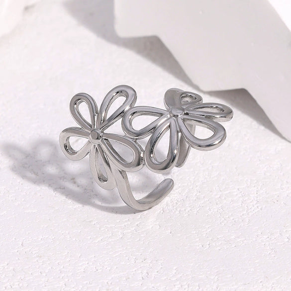 Wholesale Women's Simple Geometric Flower Electroplated Stainless Steel Open Rings Jewelry