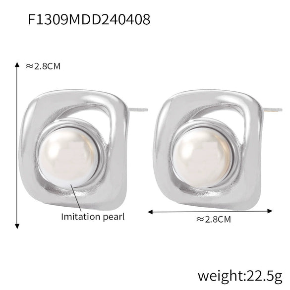 Wholesale Women's Simple Geometric Goldplated Titanium Steel Shell Beads Earrings With Imitation Pearl Casting Design