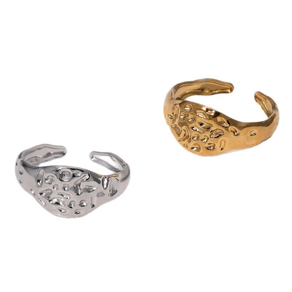 Wholesale Women's Simple Geometric Hammer Pattern Stainless Steel Open Ring With 18K Gold Electroplating