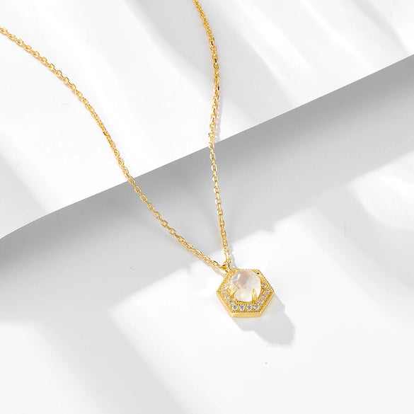 Wholesale Women's Simple Geometric Hexagon Natural Moonstone Silver Pendant Necklace Set With Precious Stones On Cross Chain