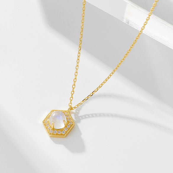 Wholesale Women's Simple Geometric Hexagon Natural Moonstone Silver Pendant Necklace Set With Precious Stones On Cross Chain