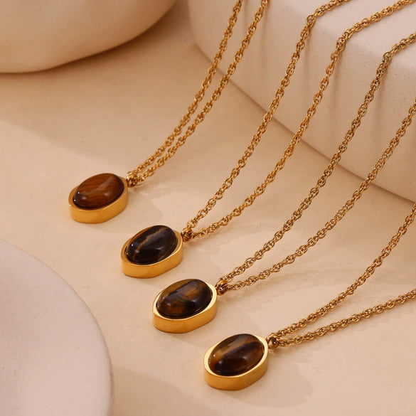 Wholesale Women's Simple Geometric Inlaid Tiger Eye Stone Goldplated Titanium Steel Pendant Necklace