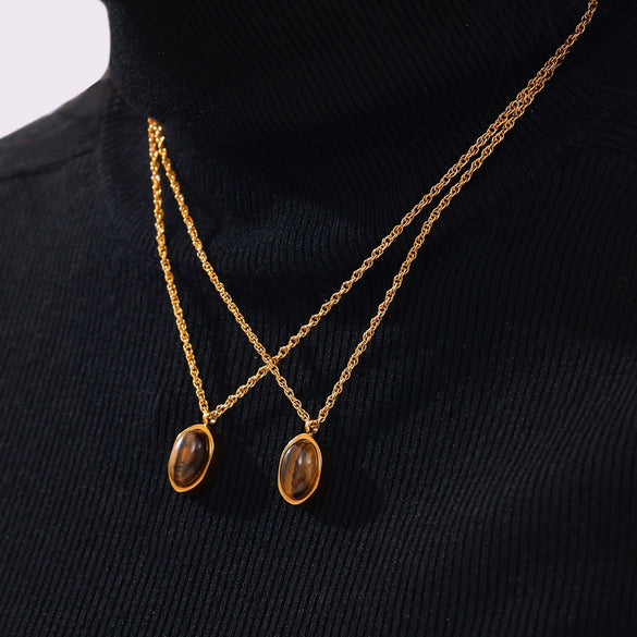 Wholesale Women's Simple Geometric Inlaid Tiger Eye Stone Goldplated Titanium Steel Pendant Necklace