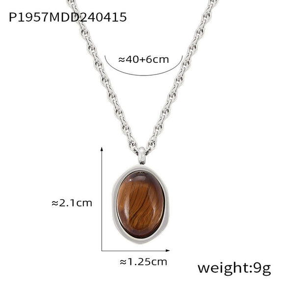 Wholesale Women's Simple Geometric Inlaid Tiger Eye Stone Goldplated Titanium Steel Pendant Necklace
