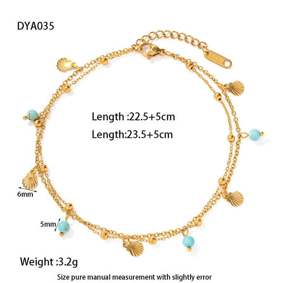 Wholesale Women's Simple Geometric 18K Goldplated Stainless Steel Anklet With Turquoise Freshwater Pearl And Shell Pendant Beach Foot Jewelry