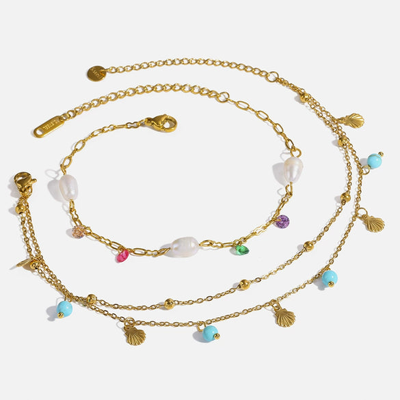Wholesale Women's Simple Geometric 18K Goldplated Stainless Steel Anklet With Turquoise Freshwater Pearl And Shell Pendant Beach Foot Jewelry