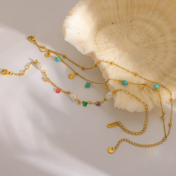 Wholesale Women's Simple Geometric 18K Goldplated Stainless Steel Anklet With Turquoise Freshwater Pearl And Shell Pendant Beach Foot Jewelry