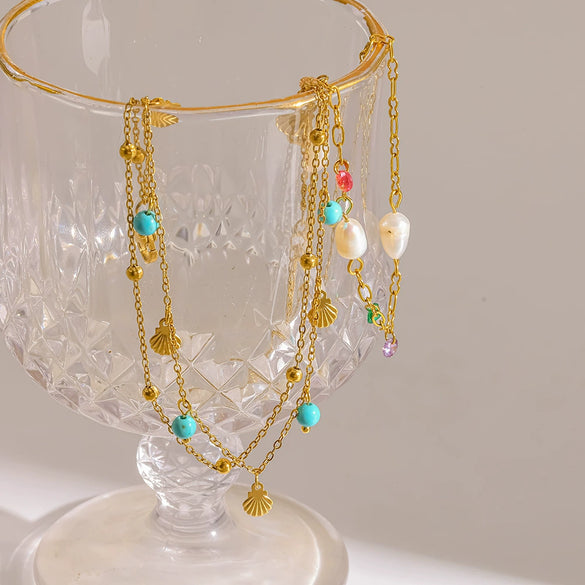 Wholesale Women's Simple Geometric 18K Goldplated Stainless Steel Anklet With Turquoise Freshwater Pearl And Shell Pendant Beach Foot Jewelry