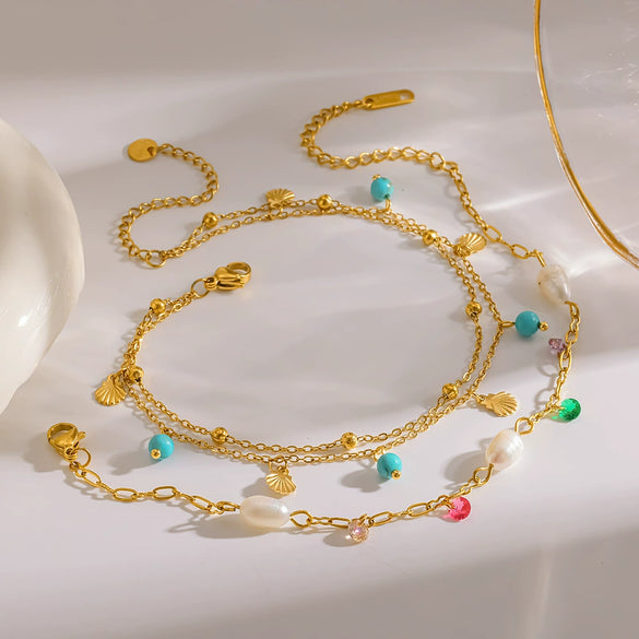 Wholesale Women's Simple Geometric 18K Goldplated Stainless Steel Anklet With Turquoise Freshwater Pearl And Shell Pendant Beach Foot Jewelry