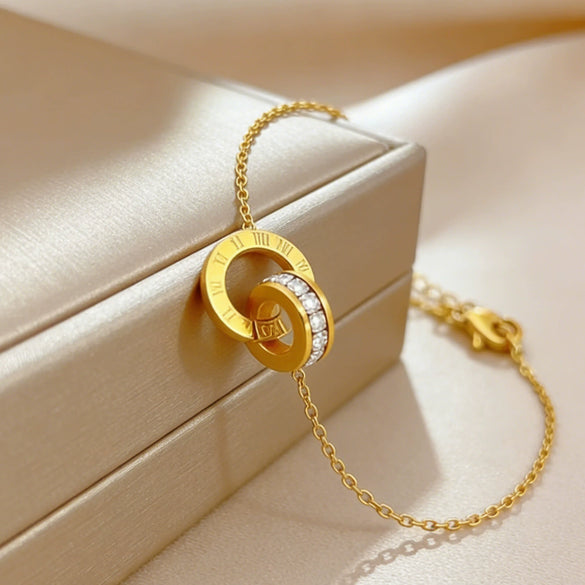 Wholesale Women's Simple Geometric Roman Numeral Stainless Steel 18K Goldplated Double Ring Bracelet Jewelry