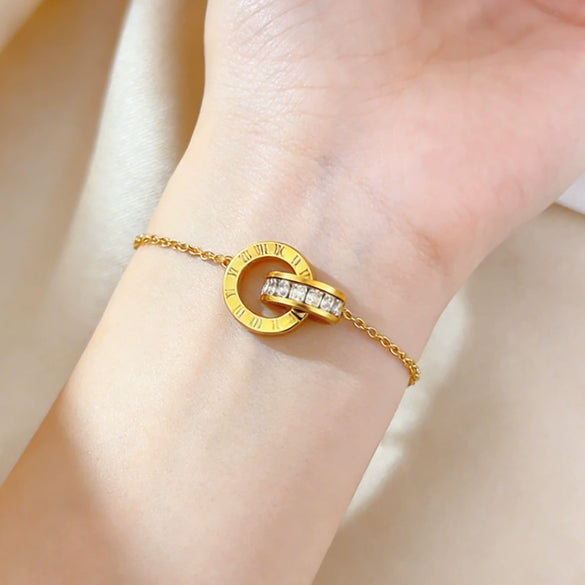 Wholesale Women's Simple Geometric Roman Numeral Stainless Steel 18K Goldplated Double Ring Bracelet Jewelry