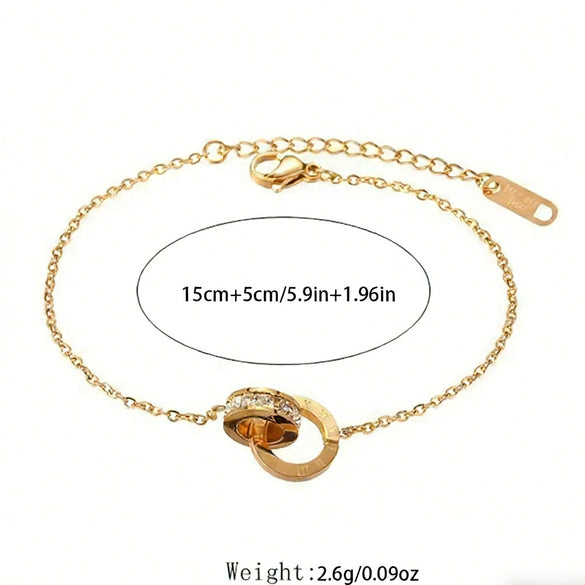 Wholesale Women's Simple Geometric Roman Numeral Stainless Steel 18K Goldplated Double Ring Bracelet Jewelry