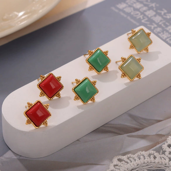 Wholesale Women's Simple Geometric Round Beads Square Side Colorful Gem Titanium Steel Earring Buckles 18K Gold Plated Electroplated