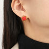 Wholesale Women's Simple Geometric Round Beads Square Side Colorful Gem Titanium Steel Earring Buckles 18K Gold Plated Electroplated