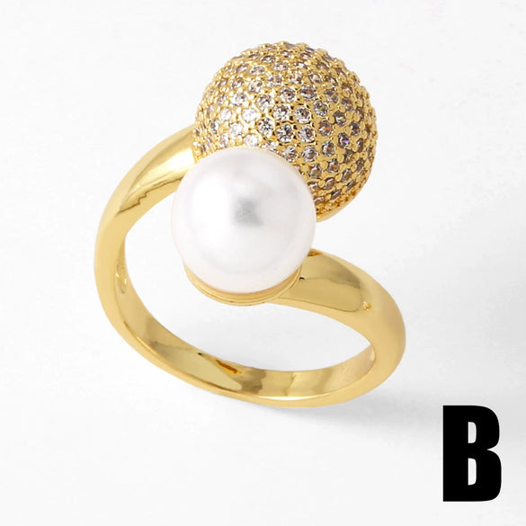 Wholesale Women's Simple Geometric Round Pearl Ring Copper Electroplated With Zircon