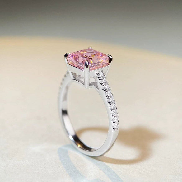 Wholesale Women's Simple Geometric S925 Sterling Silver Cherry Blossom Powder Diamond Four Claw High Carbon Diamond Ice Flower Cut Ring With Electroplating